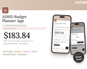 Peut inclure: Interface de l'application ADHD Budget Planner affichée sur deux smartphones et une vue bureau. L'écran indique un montant disponible de 183,84 $, un compte à rebours jusqu'au salaire et des outils de suivi des factures et dettes.