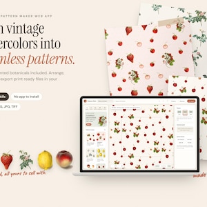Può includere: Un computer portatile mostra un'applicazione web per creare motivi senza giunture da illustrazioni botaniche ad acquerello. Lo schermo visualizza un'interfaccia con motivi a ciliegia. Fogli stampati con disegni di fragole e fiori circondano il laptop.