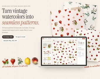 Peut inclure: Un ordinateur portable affichant une application web pour créer des motifs répétitifs à partir d'illustrations botaniques à l'aquarelle. L'écran montre une interface de motif cerise. Des feuilles imprimées avec des fraises et fleurs entourent l'appareil.