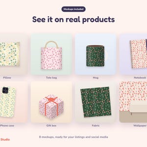 Peut inclure: Un affichage num&eacute;rique intitul&eacute; See it on real products pr&eacute;sentant huit maquettes dont un oreiller, un sac fourre-tout, une tasse, un carnet, une coque de t&eacute;l&eacute;phone, un coffret cadeau, du tissu et du papier peint, tous &agrave; motifs floraux.