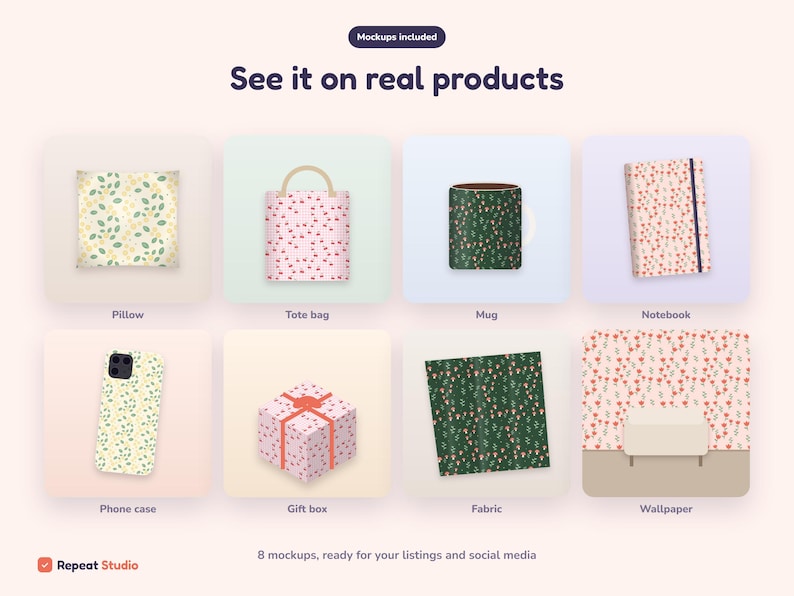 Peut inclure: Un affichage num&eacute;rique intitul&eacute; See it on real products pr&eacute;sentant huit maquettes dont un oreiller, un sac fourre-tout, une tasse, un carnet, une coque de t&eacute;l&eacute;phone, un coffret cadeau, du tissu et du papier peint, tous &agrave; motifs floraux.