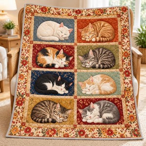 Gesteppte Decke mit schlafenden Katzen, niedliche Patchworkdecke mit Katzenmotiv, kuschelige Kätzchendecke, Vintage-Geschenk für Katzenliebhaber mit Blumenmuster, rustikale Landhausdeko