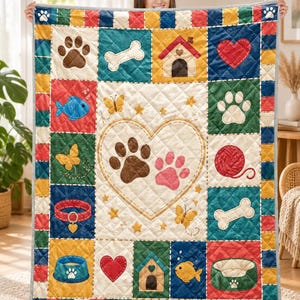 Gesteppte Decke für Tierliebhaber, Patchworkdecke mit Hunde- und Katzenpfotenabdrücken, farbenfrohe Tiermotivdecke, kuscheliges Geschenk für Hunde- und Katzenmamas