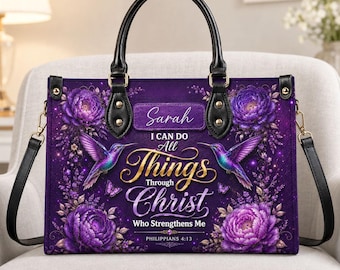 Personalized Bible Verse Leather Handbag, Custom Name Christian Purse, Purple Floral Hummingbird Tote Bag, Religious Gift, Inspirational Bag