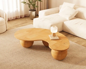 Sculptural Solid Wood Coffee Table – Organic Modern Coffee Table with 3 Round Wood Bases