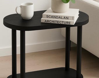 Oval Solid Wood Side Table, Modern End Table with Storage Shelf, Japandi Coffee Drink Table, Wooden Nightstand, Minimalist Accent Furniture