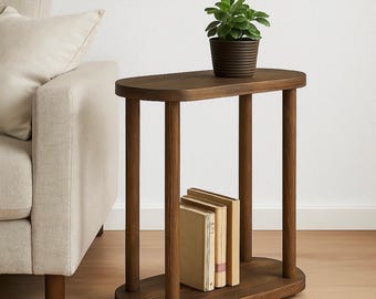 Ovaler Beistelltisch aus Massivholz, moderner Nachttisch mit Ablagefach, Japandi-Kaffeetisch, Nachttisch aus Holz, minimalistisches Akzentmöbel