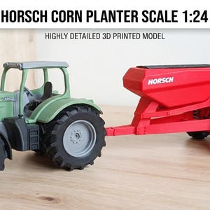 May include: A 1:24 scale 3D printed model of a green tractor pulling a red Horsch corn planter. The model features detailed black wheels, a grey roof, and the text HORSCH CORN PLANTER SCALE 1:24 and MAKERWORLD EXCLUSIVE printed on the image.