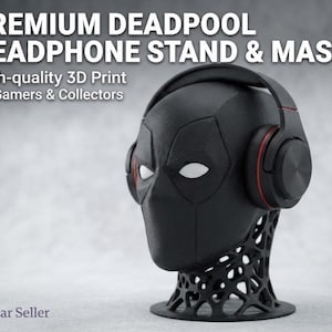 Peut inclure: Un support de casque en forme de masque de Deadpool imprimé en 3D noir avec une base en treillis, portant un casque noir avec des accents rouges. Le texte indique : PREMIUM DEADPOOL HEADPHONE STAND & MASK, High-quality 3D Print for Gamers & Collectors, et Star Seller.