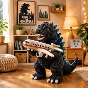 Op de afbeelding: Een donkergrijs gehaakt monsterfiguur met blauwgroene rugvinnen en witte klauwen, die een beige en blauw gehaakt speelgoedvliegtuig vasthoudt. Het monster heeft een brede mond met zichtbare witte tanden en grote zwarte ogen op een houten vloer.