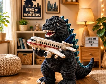 May include: A dark gray crocheted monster figurine with teal dorsal fins and white claws, holding a beige and blue crocheted airplane toy. The monster has a wide mouth with visible white teeth and large black eyes, standing on a wooden floor.