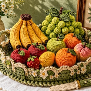 Pode incluir: Um conjunto de frutas em crochê com um cacho de bananas amarelas, uvas verdes, maçãs vermelhas, um morango, um limão, laranjas e um pêssego, dispostos numa cesta de crochê redonda verde e creme decorada com pequenas flores brancas.
