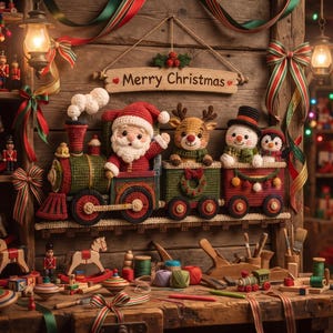May include: A crocheted Christmas train display featuring Santa Claus, a reindeer, a snowman, and a penguin in the carriages. A wooden sign above reads Merry Christmas. The scene includes various wooden toys, spools of thread, and tools.