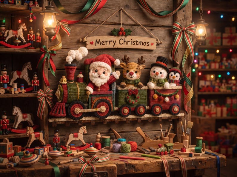 May include: A crocheted Christmas train display featuring Santa Claus, a reindeer, a snowman, and a penguin in the carriages. A wooden sign above reads Merry Christmas. The scene includes various wooden toys, spools of thread, and tools.
