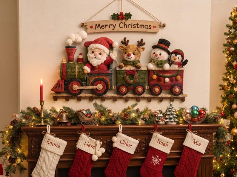 May include: A crocheted wall hanging featuring a train with Santa, a reindeer, a snowman, and a penguin in the carriages. Above the train is a wooden sign that reads Merry Christmas. Below are five hanging stockings labeled Emma, Liam, Chloe, Noah, and Mia.