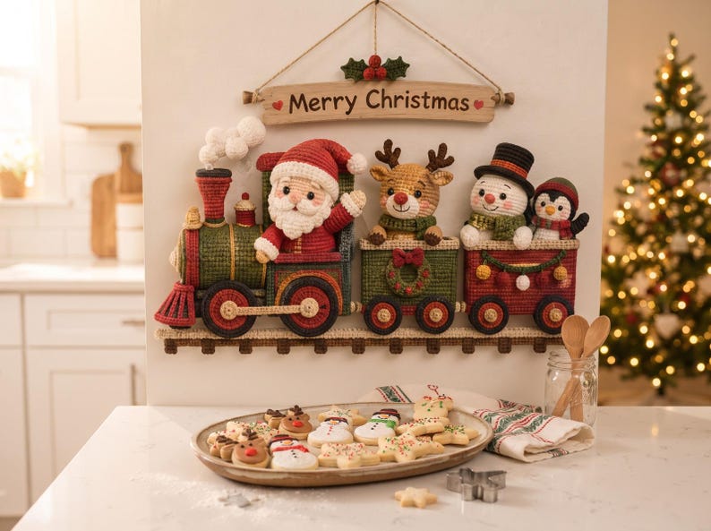 May include: A wall-hanging crochet train decoration featuring Santa Claus in the engine, a reindeer, a snowman, and a penguin in the cars. A wooden sign above reads Merry Christmas with holly. Below, a platter holds various holiday-shaped cookies.