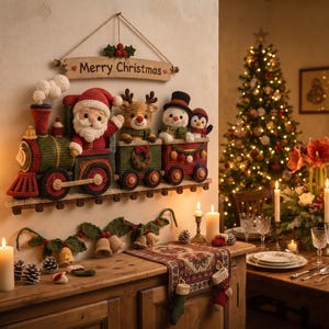 May include: A wall-mounted crochet Christmas train decoration featuring Santa Claus, a reindeer, a snowman, and a penguin in the train cars. Above the train, a wooden sign reads Merry Christmas with holly accents. The train is green, red, and black.