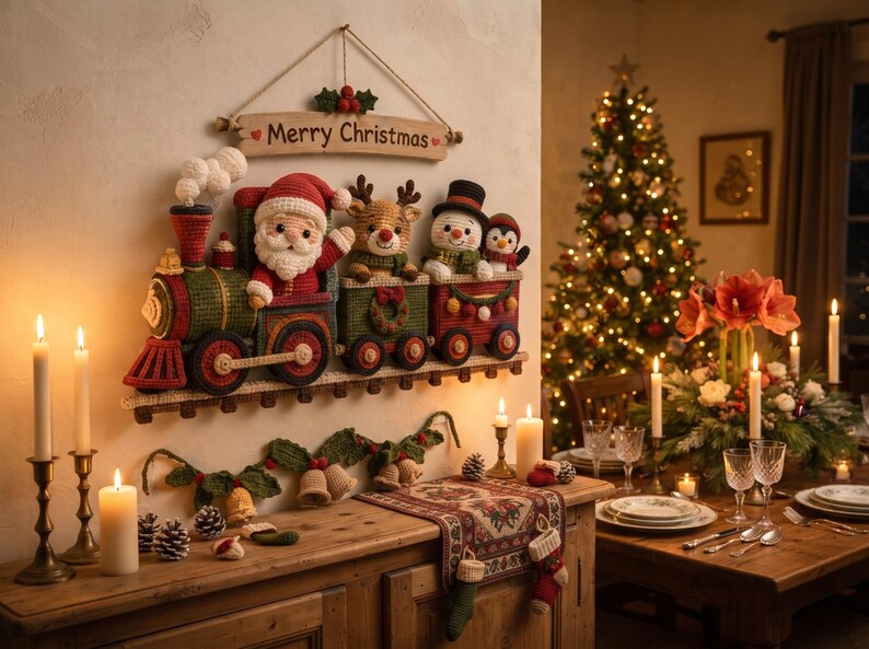 May include: A wall-mounted crochet Christmas train decoration featuring Santa Claus, a reindeer, a snowman, and a penguin in the train cars. Above the train, a wooden sign reads Merry Christmas with holly accents. The train is green, red, and black.