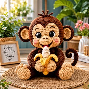 May include: A crocheted monkey soft toy with dark brown fur, a light beige face, and pink cheeks. The monkey has large black eyes, a wide smile, and is holding a yellow and cream-coloured crocheted banana in its hands. It has a curled tail.
