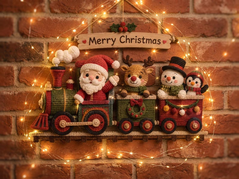 May include: A crocheted wall hanging featuring a train with Santa Claus, a reindeer, a snowman, and a penguin in the carriages. Above the train is a wooden sign with the text Merry Christmas. The train is decorated with festive colors.
