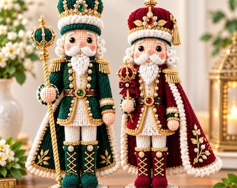 May include: Two crocheted nutcracker dolls standing on circular bases. The left doll wears a green uniform with gold trim, pearls, and a crown, holding a staff. The right doll wears a red uniform with gold trim, pearls, and a crown, holding a scepter.