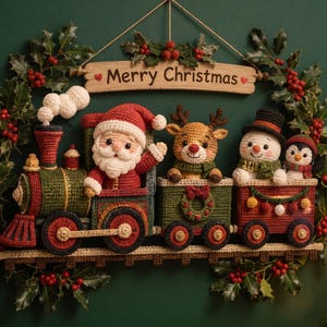 May include: A crochet wall hanging featuring a train with Santa Claus, a reindeer, a snowman, and a penguin in the carriages. The train is surrounded by a holly wreath with red berries and a wooden sign that reads Merry Christmas.