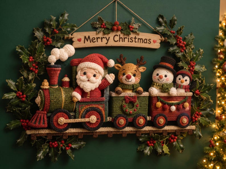 May include: A crochet wall hanging featuring a train with Santa Claus, a reindeer, a snowman, and a penguin in the carriages. The train is surrounded by a holly wreath with red berries and a wooden sign that reads Merry Christmas.