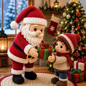 May include: A crochet Santa Claus figure with a red suit, white beard, and hat, handing a green gift with a red bow to a small crochet child figure wearing a red hat, scarf, and beige sweater, standing on a round beige and red crochet rug.