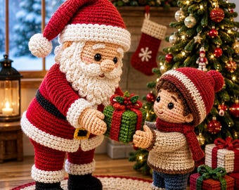 May include: A crochet Santa Claus figure with a red suit, white beard, and hat, handing a green gift with a red bow to a small crochet child figure wearing a red hat, scarf, and beige sweater, standing on a round beige and red crochet rug.