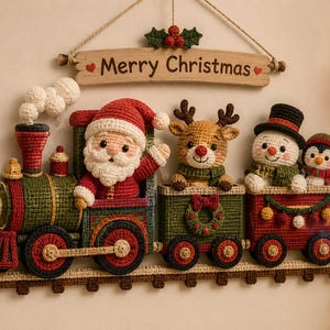 May include: A crocheted wall hanging featuring a train with Santa Claus, a reindeer, a snowman, and a penguin in the carriages. Above the train is a wooden sign with the text Merry Christmas and a small crocheted holly accent with red berries.