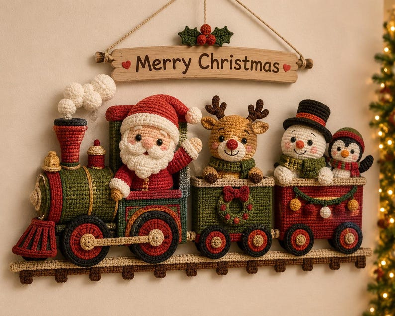 May include: A crocheted wall hanging featuring a train with Santa Claus, a reindeer, a snowman, and a penguin in the carriages. Above the train is a wooden sign with the text Merry Christmas and a small crocheted holly accent with red berries.