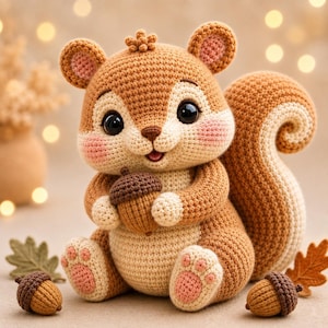 Puede incluir: Un peluche de ardilla tejido a ganchillo en tonos marrón claro y oscuro, con grandes ojos negros, mejillas rosadas y una cola tupida. La ardilla sostiene una pequeña bellota marrón, con dos bellotas tejidas adicionales colocadas cerca.
