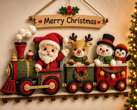 Crochet Christmas Train Pattern PDF | Holiday Amigurumi Wall Hanging Santa Reindeer Snowman Penguin | Intermediate