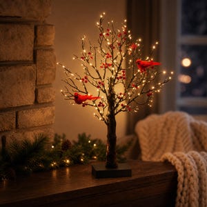 Peut inclure: Un arbre décoratif de table avec des branches brun foncé illuminées par de nombreuses petites lumières LED blanc chaud. L'arbre est orné de grappes de petites baies rouges et de deux figurines d'oiseaux cardinaux rouge vif sur les branches.