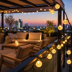Peut inclure: Une guirlande lumineuse décorative composée d'ampoules sphériques texturées diffusant une lueur dorée et chaleureuse. Les lumières sont suspendues le long d'une rambarde sombre, chaque ampoule présentant un motif complexe et détaillé.
