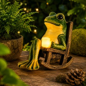Könnte beinhalten: Eine grün-gelbe Froschfigur, die in einem braunen Holzschaukelstuhl sitzt. Der Frosch hält ein kleines, leuchtendes, zylindrisches weißes Licht in der Hand. Die Figur hat große schwarze Augen und eine texturierte Haut mit warmem Licht.