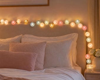 Pastel Cotton Ball String Lights, 4 cm Woven Globe Garland, Soft Bedroom Glow, Nursery Shelf Accent, Party Decor