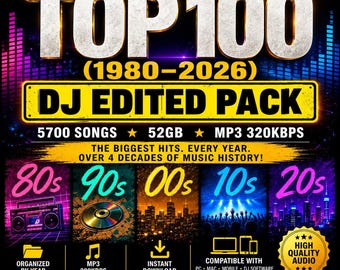 Ultimate Top 100 Music Collection – 5,700+ Tracks | 52GB | Dj edited Pack