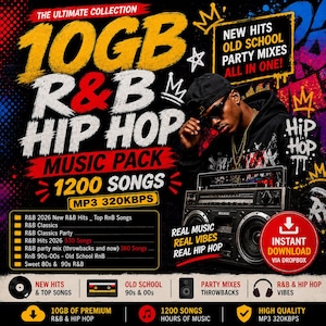 May include: A digital music collection featuring 1200 R&B and Hip Hop songs in 320kbps MP3 format. The graphic displays text including 10GB R&B HIP HOP, NEW HITS OLD SCHOOL PARTY MIXES, and a person wearing a black hoodie and cap next to a boombox.