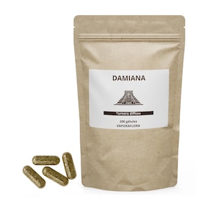 Peut inclure: Un sachet refermable beige étiqueté DAMIANA avec une icône de pyramide, le texte Turnera diffusa, 200 gélules et VAPORAFLORA. Quatre gélules translucides remplies de poudre d'herbes verte sont placées à gauche du sachet debout.