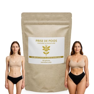 Op de afbeelding: Een beige, hersluitbare zak met een wit label met de tekst PRISE DE POIDS, FENUGREC & PASSIFLORE, een gouden bloemicoon, de tekst Un allié pour prendre du poids de manière saine, 100 gélules en de merknaam VAPORAFLORA.