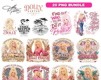 Puede incluir: Una colección digital de 20 archivos PNG con gráficos de Dolly Parton, que incluye varias firmas, retratos con alas de ángel, motivos florales, guitarras y textos inspiradores como Find Out Who You Are and Do It On Purpose.