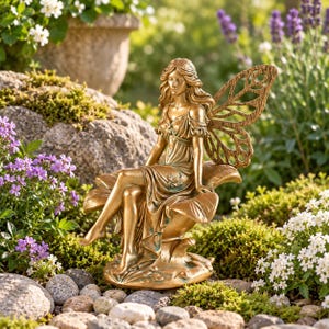 May include: A bronze-colored fairy statue featuring a figure with long flowing hair and intricate open-work wings, seated gracefully upon a large leaf-shaped base. The sculpture displays a metallic finish with subtle dark green patina accents.