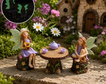 Glow in the Dark Fairy Garden Set, Mini Resin Fairy Figurines, Fairy Tea Party Decor, Miniature Garden Accessories