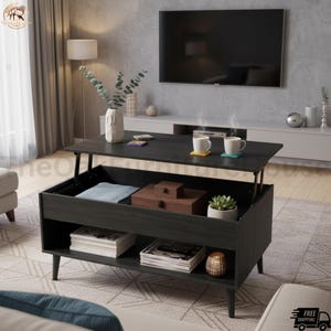 May include: A dark wood lift-top coffee table with a rectangular surface that elevates to reveal an interior storage compartment. The table features an open lower shelf for storage, four tapered legs, and a dark wood grain finish throughout.