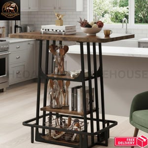 May include: A kitchen island featuring a dark wood tabletop and two lower shelves supported by a black metal frame. The unit includes a footrest, two glass jars filled with wooden kitchen utensils, a wire storage basket, and several books.