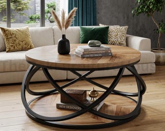 Round Coffee Table with Storage Shelf, Rustic Living Room Furniture, Double Layer Accent Table