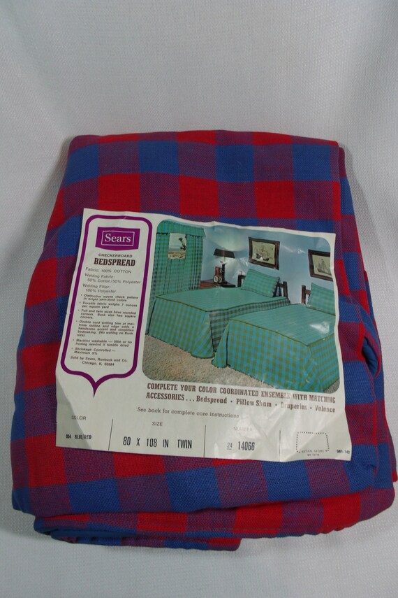 Vintage Sears Checkerboard Bedspread Blue Red Twin 80 X Etsy