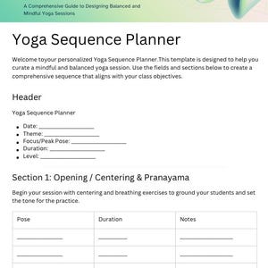 Peut inclure: Un modèle de planificateur de séquence de yoga blanc avec le texte Crafting Your Personalized Yoga Journey et A Comprehensive Guide to Designing Balanced and Mindful Yoga Sessions. Il inclut des champs pour date, thème, focus, durée et niveau.