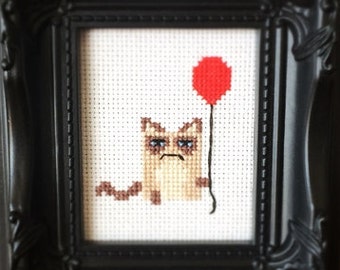 Grumpy Cat with Balloon Cross Stitch Pattern - Kawaii Version  ( Printable PDF ) - Immediate Download from Etsy - Tarder Sauce Cute Kitten